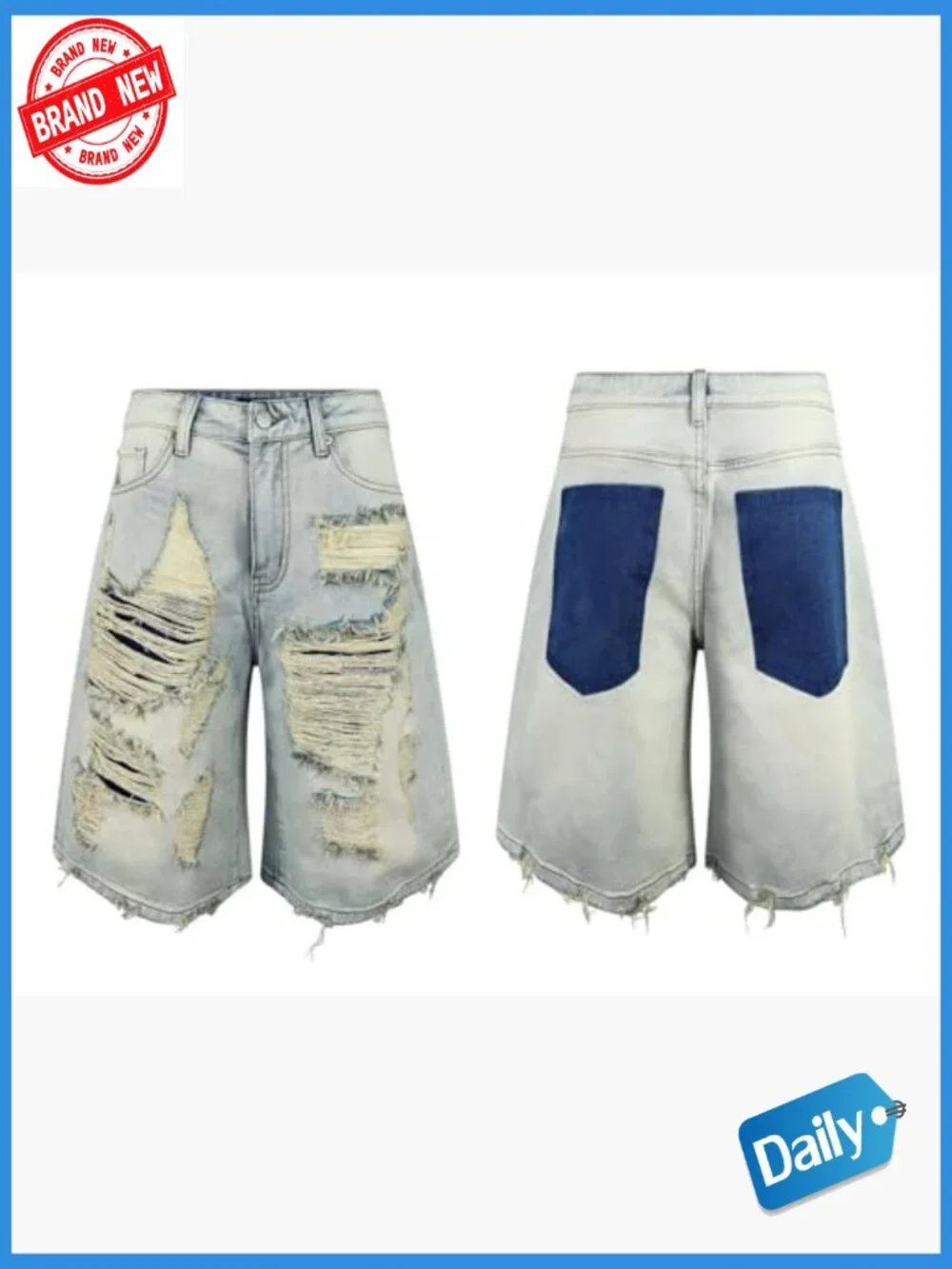 High Rise Baggy Ripped Denim Shorts Straight Wide Leg Y2K Casual Bermuda Cargo